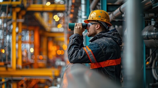 Ein Bauarbeiter schaut ins Fernglas in der Industriehalle